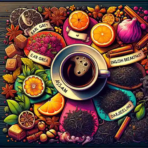 Black Tea Benefits and Side Effects - An illustration of a variety of black tea leaves spread out on a wooden table with labels