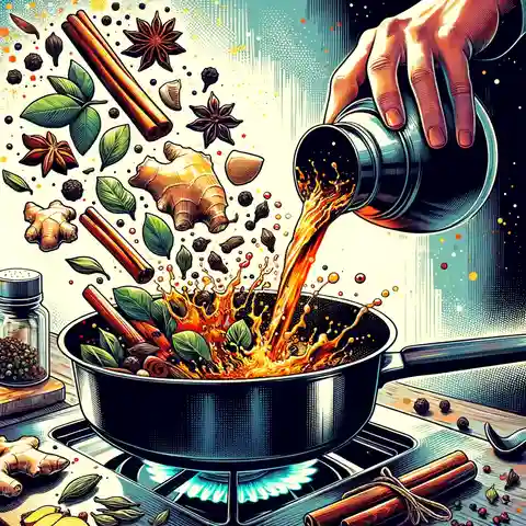 Chai Tea Spices - A vibrant illustration showing a person pouring a mix of chai tea spices into a boiling pot of water on a stove