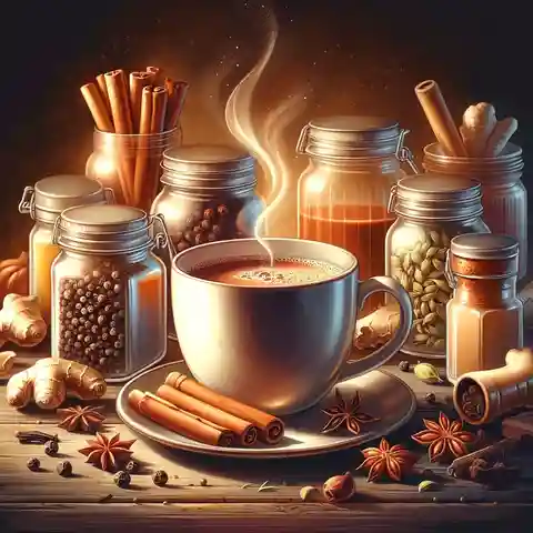 Chai Tea Spices - An illustration of a cozy kitchen scene with a steaming mug of Chai Tea Spices