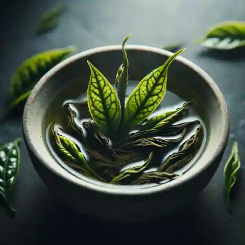 Chinese Dragon Well Tea - A close-up view of Dragon Well tea leaves floating gracefully in a traditional Chinese teacup