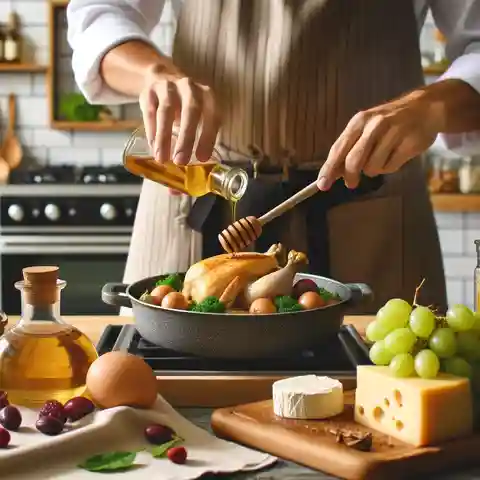 Chinese Dragon Well Tea - A cozy kitchen scene where a chef is creatively using Dragon Well tea to flavor a dish of chicken