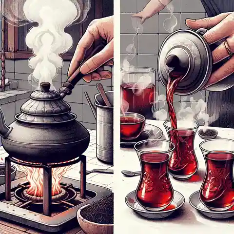 Health Benefits and Side Effects of Turkish Black Tea - An illustration featuring the traditional process of making Turkish Black Tea