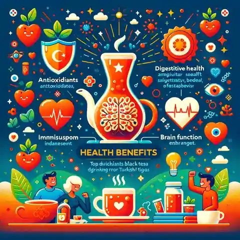 Health Benefits and Side Effects of Turkish Black Tea - An infographic style illustration highlighting the top health benefits of drinking Turkish Black Tea