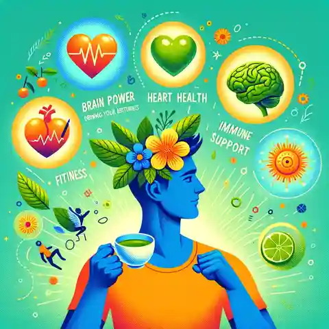 Japanese Sencha Green Tea - A vibrant illustration of a person holding a cup of Sencha green tea, with visual elements representing brain power, heart health, fitness, and immune