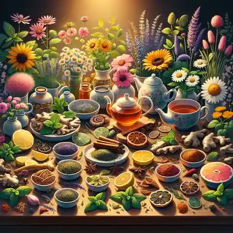 Popular Herbal Tea - A cozy and colorful illustration showing a variety of 18 popular herbal teas