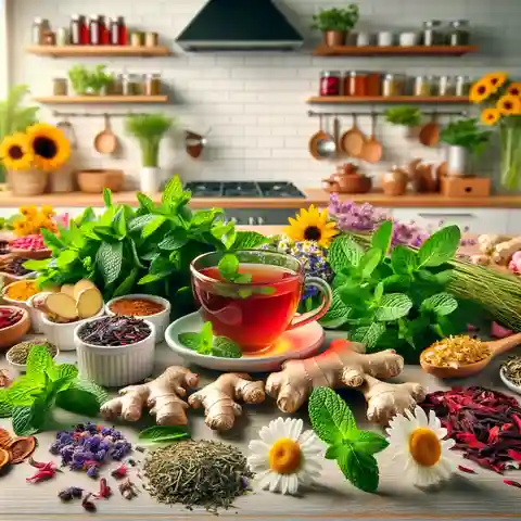 Popular Herbal Tea - A vibrant kitchen scene with a variety of herbal tea ingredients