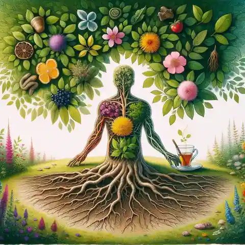 Popular Herbal Tea - A whimsical drawing of the human body as a tree, with leaves representing different herbal teas