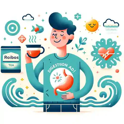 Pros and Cons of Rooibos Tea - A playful illustration showing a person with a happy stomach, holding a cup of rooibos tea