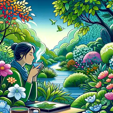 White Tea Benefits and Side Effects - A colorful illustration depicting a person enjoying a peaceful moment sipping white tea in a serene garden