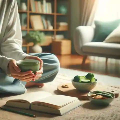 green tea varieties - A cozy scene of a person enjoying a cup of green tea in a serene living room, with a book and a small plate of healthy snacks on the side.