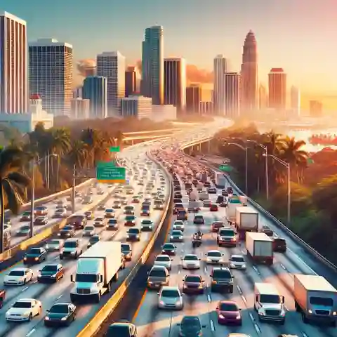 South Florida Car Insurance - A bustling highway scene in South Florida showing heavy traffic and diverse vehicles, symbolizing high insurance risk due to crowded roads
