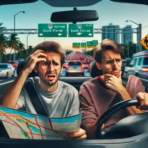 South Florida Car Insurance - A confused tourist driving in South Florida, showcasing the challenges of navigating unfamiliar roads
