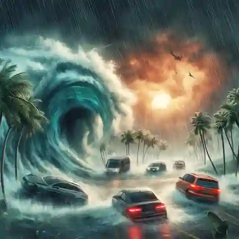 South Florida Car Insurance - A dramatic depiction of a hurricane affecting cars in South Florida, illustrating the weather-related risks that impact insurance costs